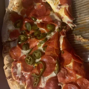 Extra pepperoni, half jalapeño with crispy crust. It doesn&apos;t come out as crispy but it&apos;s a must for my family ( we don&apos;t like soggy pizza)