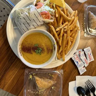 Dill Chicken Sandwich, lentil soup, Cajun fries snd baklava dessert.