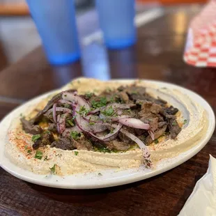 Hummus Topped with Meat