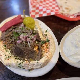 Hummus Topped with Meat