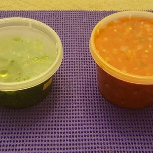 Turkish Salsa. Green = spicy, Red = mild.