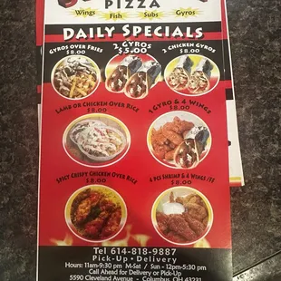 The menu of the restaurant and there phone number and address aswell