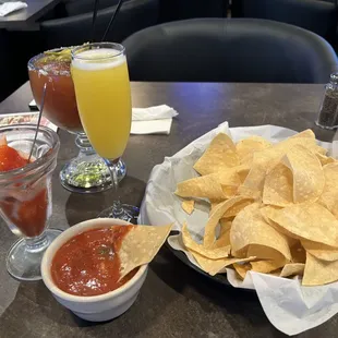 Shrimp cocktail, Bloody Mary, mimosa and chips and salsa