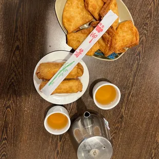 Crab Rangoon, Egg rolls accompanied with green tea