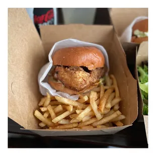 a chicken sandwich and french fries