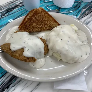 Chicken fry and mashed taters. Side salad. $7.99  Let's eat!