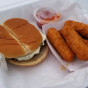 Cheeseburger with mozzarella cheese sticks and marinara sauce