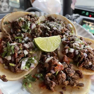 Asada Tacos $.75 each, 5 for $3.75, that's how much one taco is in Stockton!