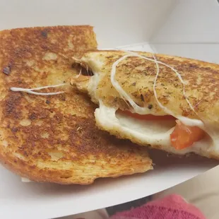 White pizza grilled cheese sandwich with tomato, Delicious! Just $4.50, great deal.