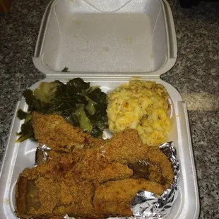 Boston Blue w/ Mac and greens/cabbage for $7.99. I like the Basa better, it was fried too hard this time.