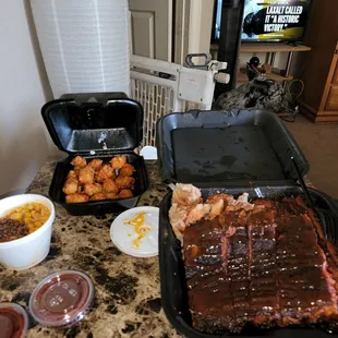 3 meat 2 sides. Brisket,ribs,pulled pork