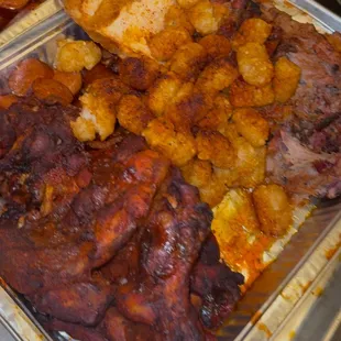 Chicken, tots, pulled pork, toast