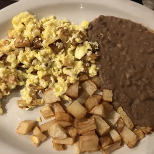 potatoes with scrambled eggs and savory beans