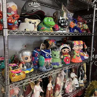 a shelf full of toys