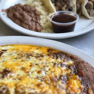 Brisket tacos and beef/cheese enchiladas