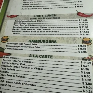 Menu very good prices