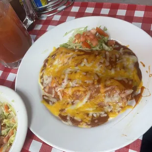 a plate of food and a drink