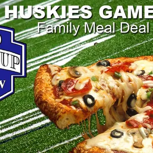 Family Meal Deal $24.99
 Get a Large Specialty Pizza, an order of our Garlic Bread Sticks and your favorite 2-liter of soda for just $24.99.