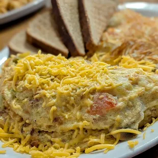 Trash can omelette with hash browns and toast
