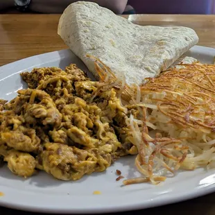 Chorizo and egg scramble with hash browns and tortilla