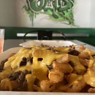 a plate of cheese fries