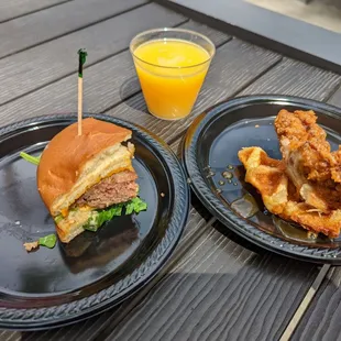Sausage and egg burger bite and the chicken and waffle.