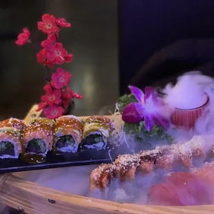 007 Roll, Fire Cracker Roll, assorted sashimi.