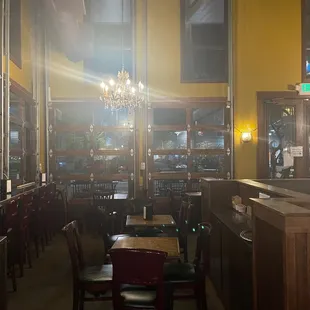 a dining room with a chandelier