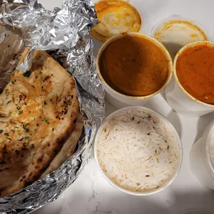Butter chicken and  Matter Paneer with garlic naan