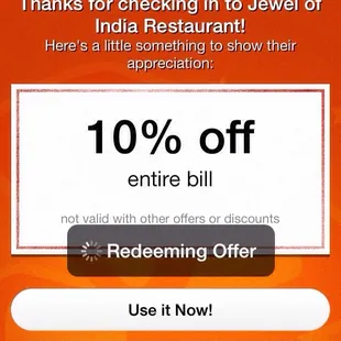 10% off check in offer at Jewel of India Restaurant in Westminster, CO.