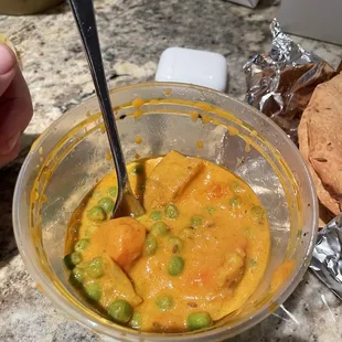 Vegetable Korma, peas carrots and potatoes. Not very Indian