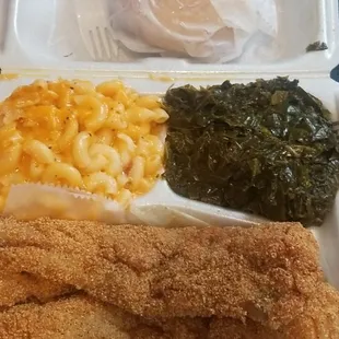 Whiting, collar green, mac and chesse