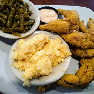 Frog legs, green beans, and 3 cheese grits