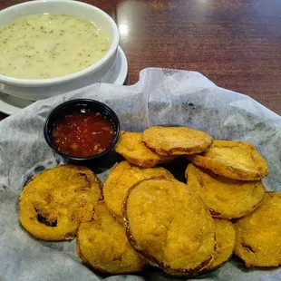 Fried green tomatoes and cheddar broccoli soup