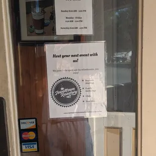 Hours and info in the front door