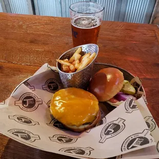 a cheeseburger and fries