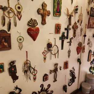 a wall full of various items