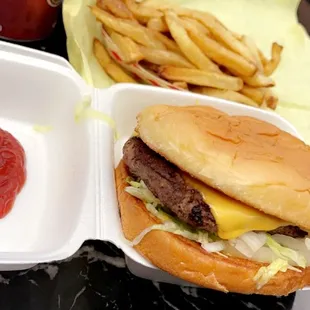 Take out: 1/3lb Cheeseburger with all the toppings, an order of French fries, and a Dr.Pepper to wash it down.