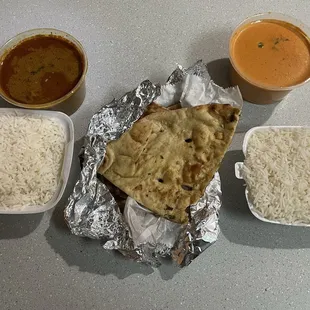Chicken curry(left), garlic naan and butter chicken(right)