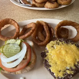 Cheddar cheese hamburger with onion rings