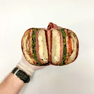 a hand holding a sandwich