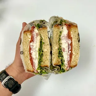 a person holding a sandwich