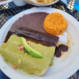 2 avocado and 1 brisket &amp; mole enchiladas