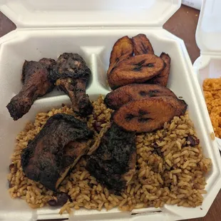 Jerk Chicken, Fried Plantains and Beans and Rice