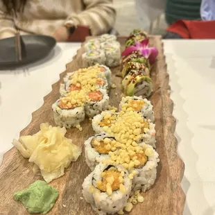 Sushi Board: Spicy Crunchy Salmon Roll, Spicy Crunchy Tuna Roll, California Roll, Dancing Eel Roll
