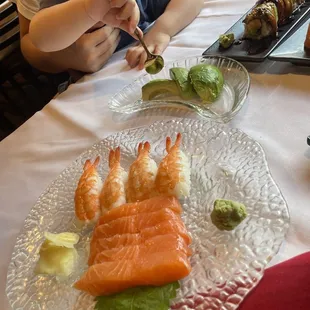 Shrimp and salmon sashimi