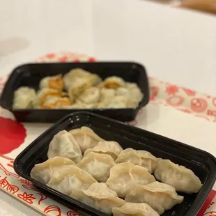 Front: Shrimp, Pork, and Leek Dumplings. Back: Zucchini, Rice Vermicelli, and Wood Ear Mushroom Dumplings.