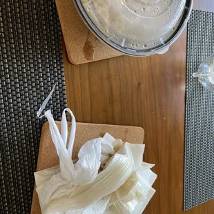 Wonton soup. Poorly packaged for delivery. One quarter of my soup was outside of the bowl and inside the plastic bag. Wasteful.