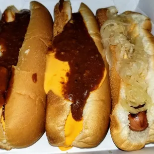 Chili cheese dog x 2, kraut &amp; cheese dog x 1.