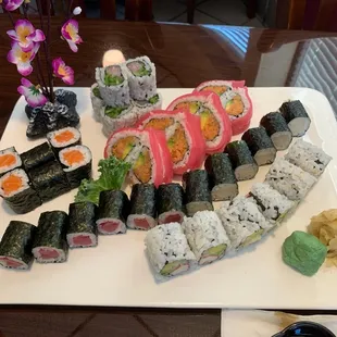 Tuna, California, salmon, Yellowtail Jalapeño roll, and Tuna Love Roll